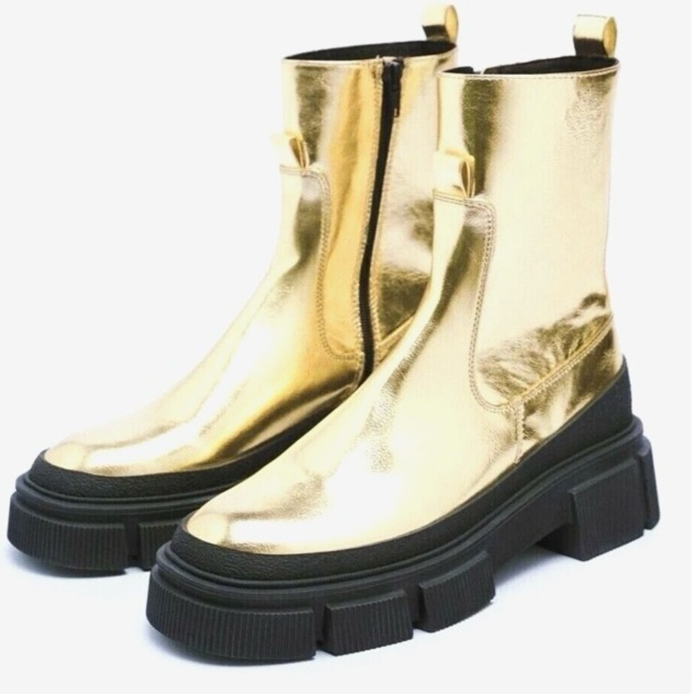 ZARA Metallic Gold Chunky Platform Heeled Boots | EU 39 |